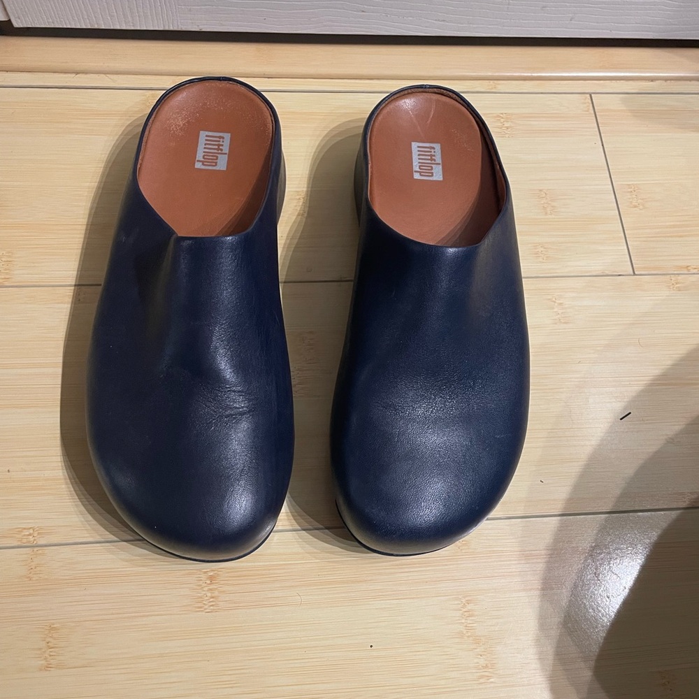 Fitflop Navy Leather Slip-On Mules